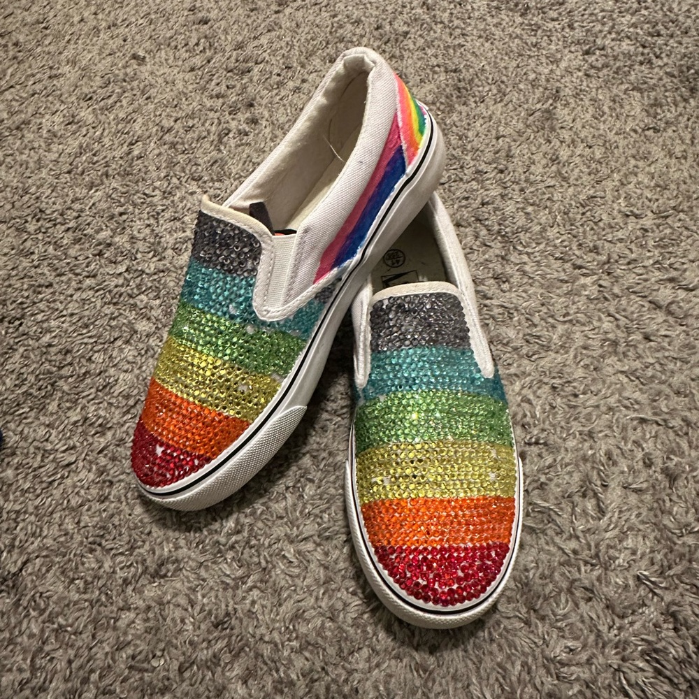Custom Made Pride Slip On Shoes Rainbow Rhinestoned Top- Size 9.5